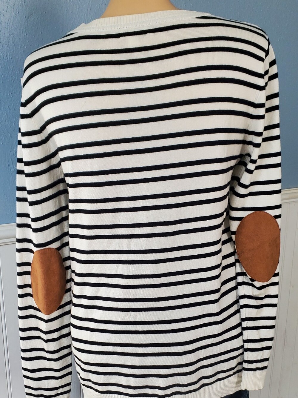 Market & Spruce Black and White Striped Sweater with Brown Elbow Patches